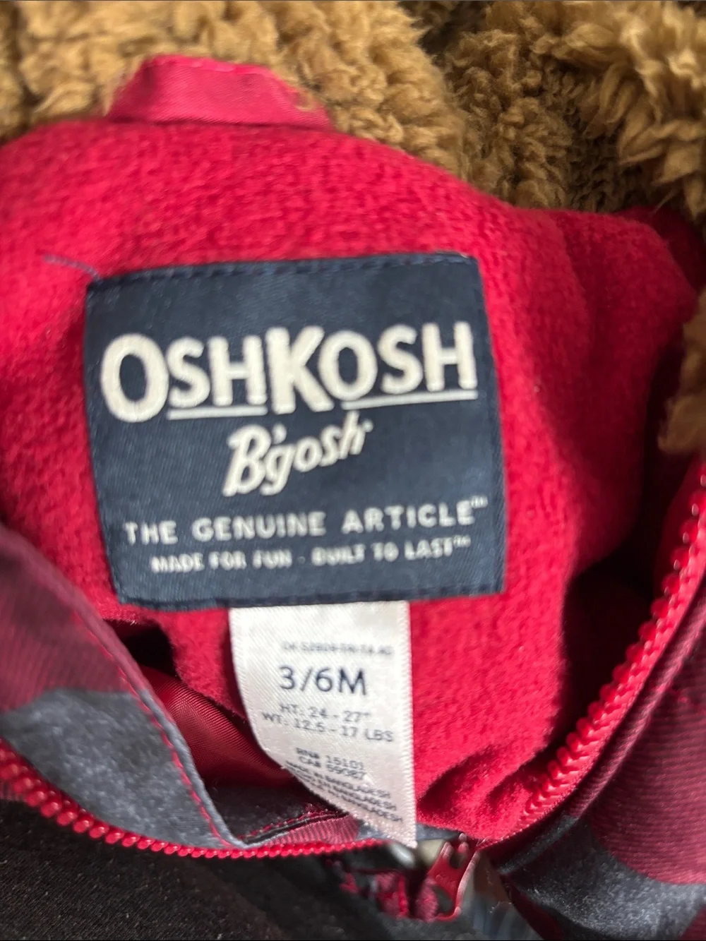 OshKosh B'gosh Red and Brown Infant snowsuit size 3/6 months